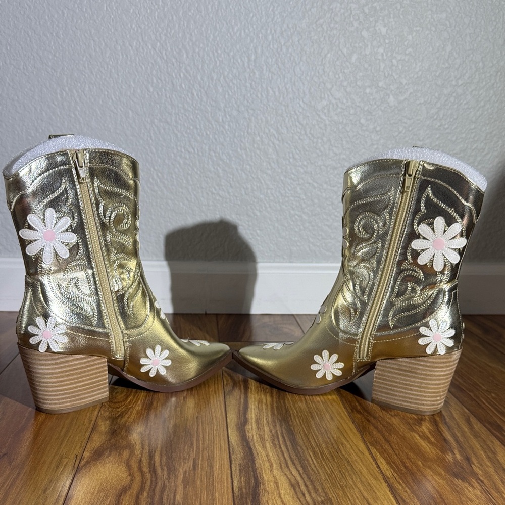 Betsey Johnson Women’s Teddy Gold Heeled Boots with Floral Design - Picture 6 of 13